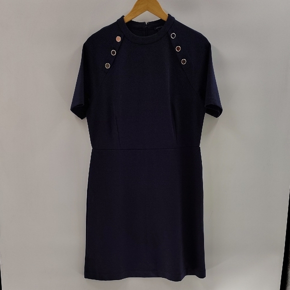 Ann Taylor Navy Zip Back Dress Midi Size 12 Button Detail Stretch - Picture 1 of 8